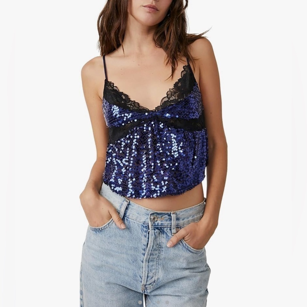 NWOT Free People, Right Rhythm Sequin Cami, Small in Midnight Combo